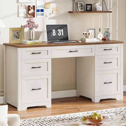 Vabches Farmhouse 61'' Executive Desk with 7 Drawers, Rustic Office Desk Computer Table with File Drawers, Wood Workstation for Study and Home Office,Unique White