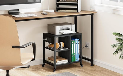 GAOMON Under Desk Printer Stand with Charging Station, Industrial Printer Table with 3 Storage Shelves, Mobile Heavy Duty Printer Cart with Lockable Wheels for Paper Storage, Home Office,Retro Black