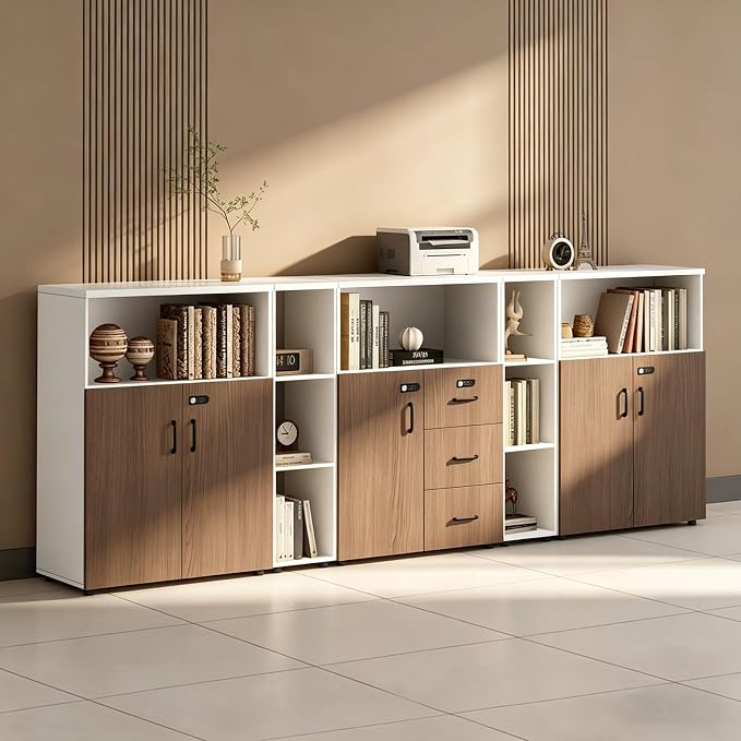 File Cabinet with Password Lock, Wood Lateral Filing Cabinet for Letter/A4 Files, 3 Drawer with Door, Printer Stand with Open Shelves for Home Office