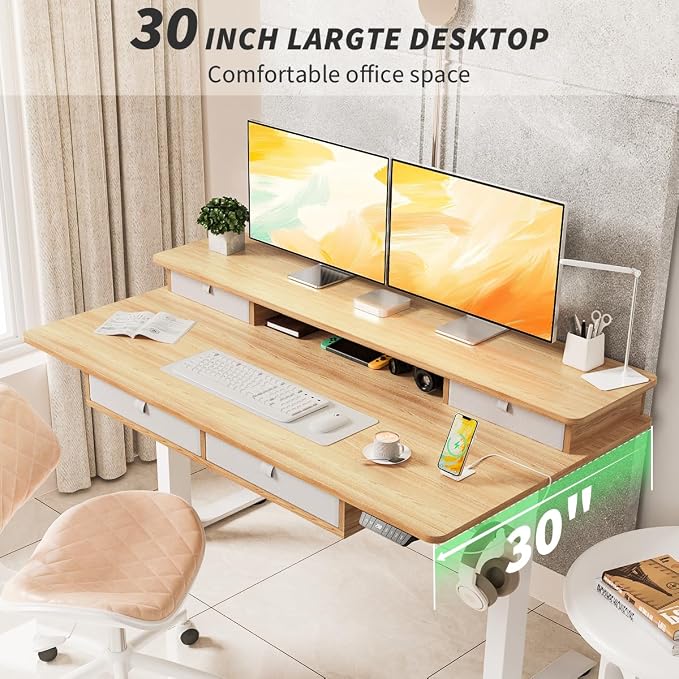 Kingant 63 x 30 Inch Electric Standing Desk with 4 Drawers, Adjustable Height Computer Desk for Home Office, Large Workstation Sit Stand Up Desk with Built-in USB A/C Ports, Nature