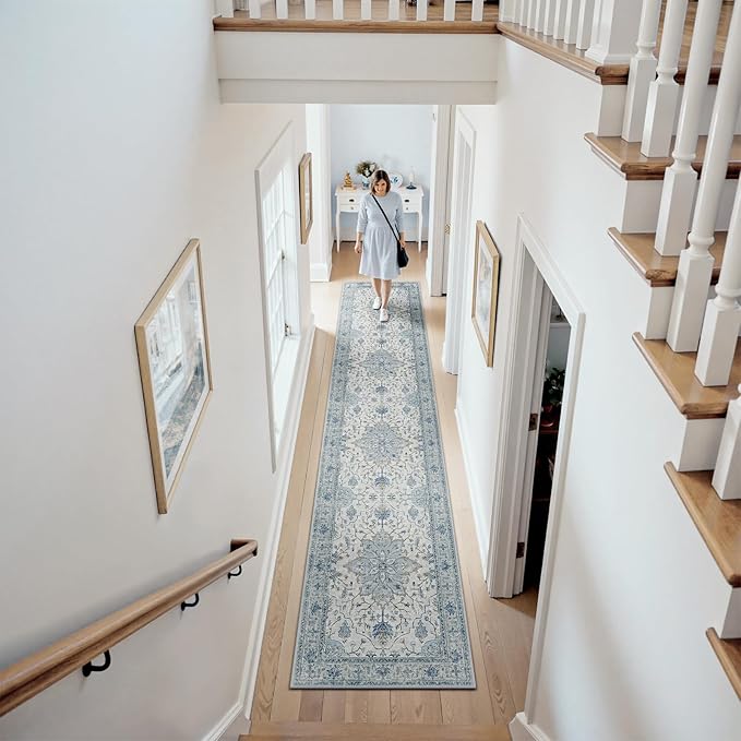 RELEANY Area Rugs Runner 2'6"x12' Washable Non-Slip, Floral Vintage Distress Medallion Carpet for Kitchen Hallway Bedroom Beside Laundry Room Bathroom, Light Blue Navy Gray White