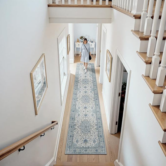 RELEANY Area Rugs Runner 2'6"x14' Washable Non-Slip, Floral Vintage Distress Medallion Carpet for Kitchen Hallway Bedroom Beside Laundry Room Bathroom, Light Blue Navy Gray White