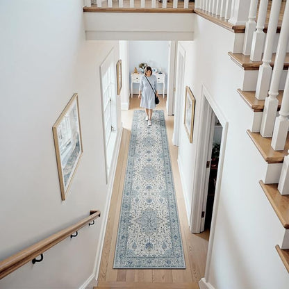 RELEANY Area Rugs Runner 2'6"x10' Washable Non-Slip, Floral Vintage Distress Medallion Carpet for Kitchen Hallway Bedroom Beside Laundry Room Bathroom, Light Blue Navy Gray White