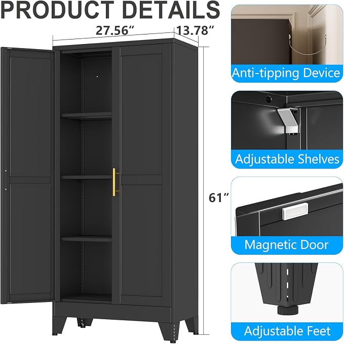 pozdeg 61" Tall Metal Storage Cabinet with 2 Doors & 3 Adjustable Shelves, Steel File Cabinet Multipurpose Organizer for Home Office Garage (Black)