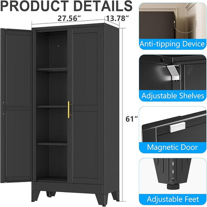 pozdeg 61" Tall Metal Storage Cabinet with 2 Doors & 3 Adjustable Shelves, Steel File Cabinet Multipurpose Organizer for Home Office Garage (Black)