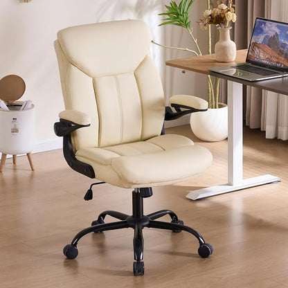 Leather Executive Office Chair - Ergonomic Computer Chair with Flip-up Arms Comfy PU Leather Home Desk Chairs Mid Back Support Adjustable Height Tilt Lock Swivel Rolling Wheels, Beige