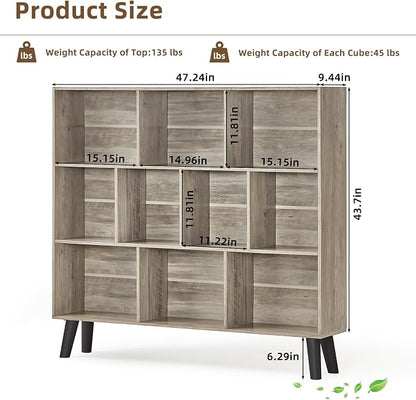 LEYAOYAO 10 Cube Bookshelf,3 Tier Modern Wide Bookcase with Legs,Mid-Century Wood Bookshelves Storage,Retro Grey Large Book Case,Freestanding Organizer Display Shelf for Bedroom,Living Room,Office