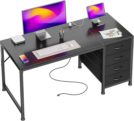 PRAISUN 47.2Inch Computer Office Desk with Power Outelts and USB-C Port, Reversible Gaming Desk with 4 Fabric Drawers, Work Study Desk Work from Home, Black