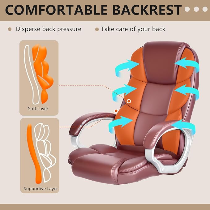 FDW Office Chair Computer High Back Adjustable Ergonomic Desk Chair Executive PU Leather Swivel Task Chair with Armrests Lumbar Support (Dark Brown)