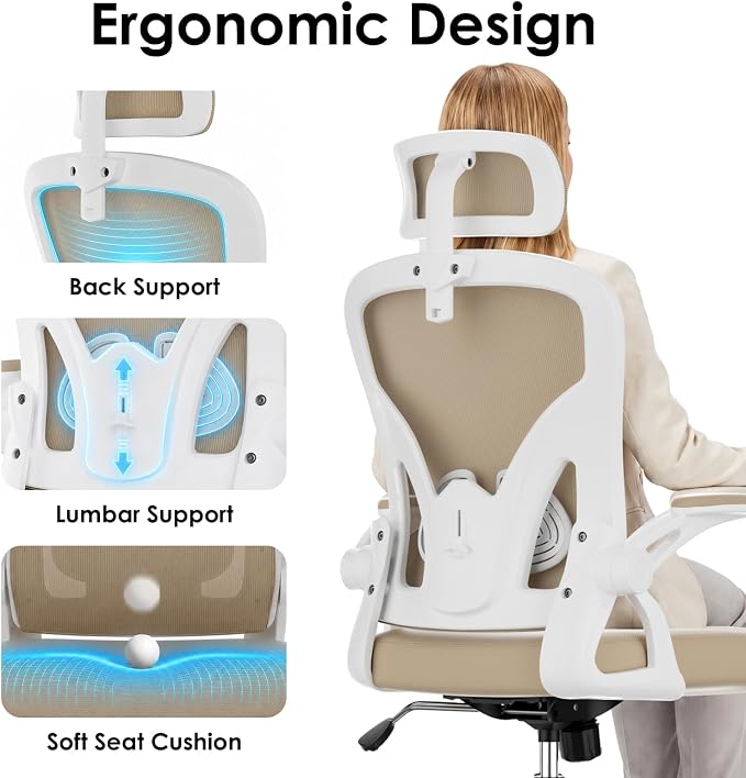 Farini Ergonomic Office Chair, Home Office Desk Chair with Headrest, High Back Swivel Computer Chair with Armrests and Adjustable Lumbar Support for Home Office Study Room, White & Khaki
