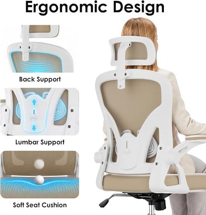 Farini Ergonomic Office Chair, Home Office Desk Chair with Headrest, High Back Swivel Computer Chair with Armrests and Adjustable Lumbar Support for Home Office Study Room, White & Khaki