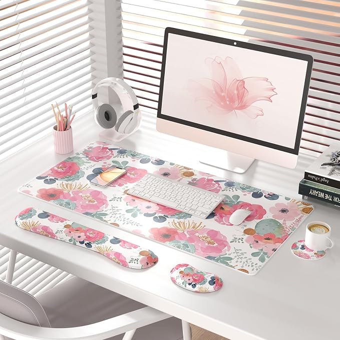 QIYI Leather Desk Mat Set, 4-in-1 Large Mouse Pad with Ergonomic Wrist Rest, Waterproof Desk Pad + Keyboard Wrist Rest + Mouse Wrist Support + Coaster, Non-Slip Office Gaming Accessories, Pink Flowers