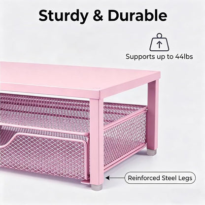 Spacrea Desk Organizer and Accessories, Computer Monitor Stand Riser with Drawer and 1 Open Pen Holder, Printer & Laptop Stand, Office Desk Accessories for Home Office Supplies (Pink)