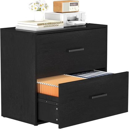 Lateral File Cabinet, Wood 2 Drawer File Cabinet with Hanging Bars for Letters, Black Horizontal File Cabinets for Home Office, Black