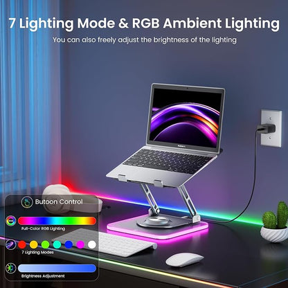 JOYEKY Adjustable Laptop Stand with RGB Lighting,Aluminum Ergonomic Computer Stand with 360° Rotating Base,Foldable & Portable Laptop Riser, Suitable for All 10-16” Laptops (Grey)