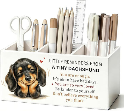 Positive Dachshund Pen Pencil Holder Desk Decor Gifts for Women | Cute Dachshund Inspirational Pen Pencil Wooden Organizer Office Desk Accessories Decor for Dorm Room Bedroom Tabletop