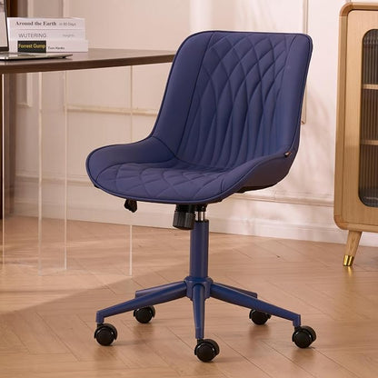 YOUNIKE Faux Leather Ergonomic Office Chair Armless Comfy Desk Chair with Rocking Back Cute Swivel Vanity Chair with Wheels Height Adjustable Small Computer Task Chair for Sewing Drafting Navy Blue
