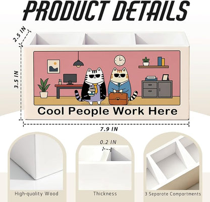 Funny Cat Pen Pencil Holder for Office Desk Accessories Decor | Funny Office Accessories for Women Men, Cool People Work Here Pen Pencil Wooden Organizer Decorations for Work Room Tabletop