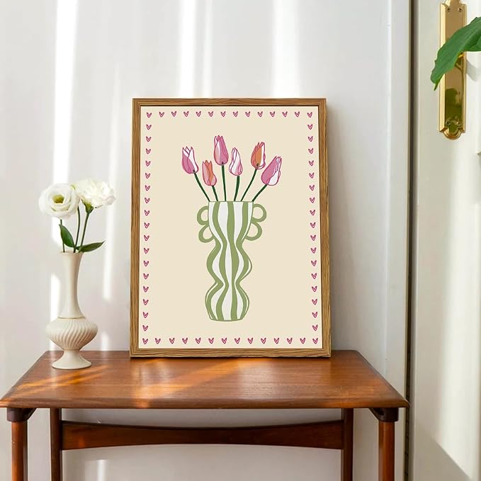 Framed Boho Floral Canvas Wall Art Set of 3, Pink Tulip Flower Paintings Wall Decor, Abstract Botanical Pictures Prints Minimalist Home Decor Aesthetic for Living Room Bedroom Office 16×24 inch