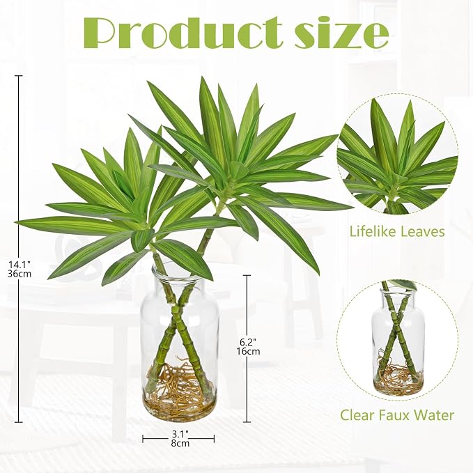 Artificial Plants Stems in Glass Vase with Faux Water,Fake Silk Plant Dracaena Leaves for Centerpiece Table Decorations Farmhouse Wedding Home Greenery Decor (Green)