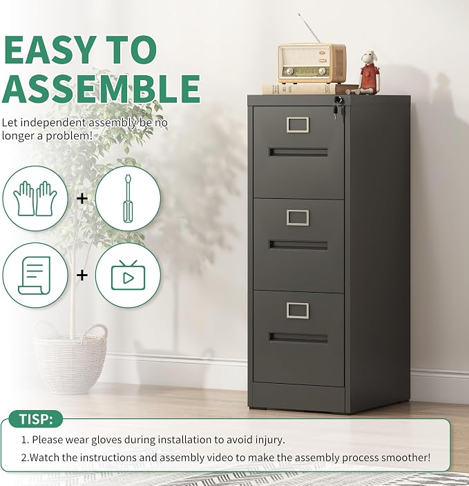 3 Drawer File Cabinet, Vertical File Cabinets with Lock for Home Office,Heavy Duty Office Steel Filing Cabinet for Hanging Letters/Legal/A4, Assembly Required (Black)