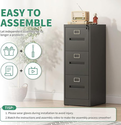 3 Drawer File Cabinet, Vertical File Cabinets with Lock for Home Office,Heavy Duty Office Steel Filing Cabinet for Hanging Letters/Legal/A4, Assembly Required (Black)