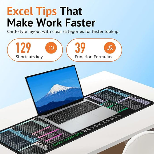 Excel Shortcuts Key Mouse Pad (31.5" x 11.8") | XXL Cheat Sheet Desk mat with 120+ Excel Keyboard Shortcuts, Non-Slip Rubber Base, Cheat Sheet Gaming Mousepad or PC Office