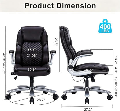 ZLHECTO® Big and Tall Executive Office Chair, PU Leather Swivel Desk Chair with Flip-up Arms, Adjustable Lumbar Support, Space-Saving Height Adjustable Rolling Computer Chair for Home & Office Use
