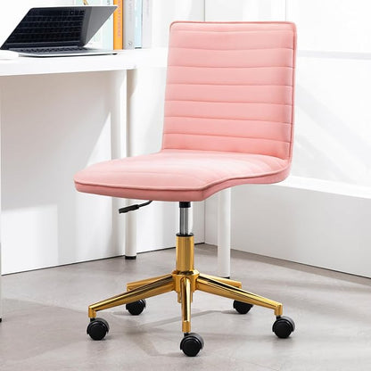 Furniliving Armless Vanity Chair with Wheels, Computer Rolling Desk Chair with Back, Pink Office Chair with Height Adjustable Soft Velvet Fabic Gold Metal Base Stool,Pink