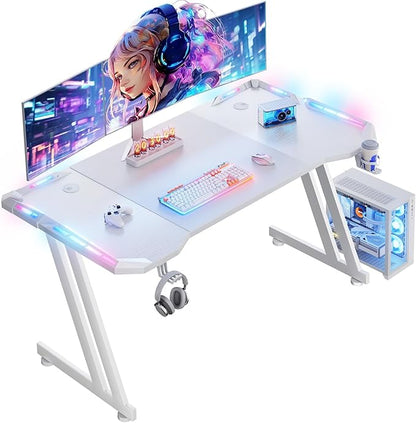 HLDIRECT 47 Inch Gaming Desk with LED Lights Carbon Fibre Surface Gaming Table Large Computer Desk Ergonomic Home Office Desks Z Shaped PC Gamer Workstations with Cup Holder & Headphone Hook White