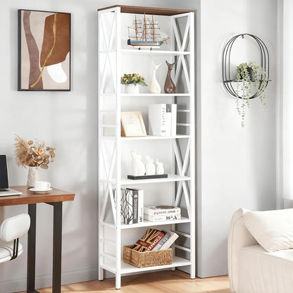 HOMISSUE Bookshelf, 7-Tier Bookshelf, Rustic Wood Metal Bookshelves and Bookcases, Freestanding Open Bookshelf, Industrial Tall Bookcase for Home Office, Living Room and Bedroom, White