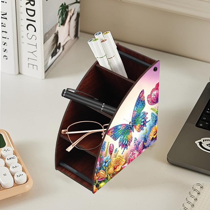 DIY Diamond Painting Storage Box with 4 Compartments, Butterfly-Themed Diamond Art Curved Wooden Organizer for Remote Controllers, Office Supplies, Makeup Brush, Media Accessories