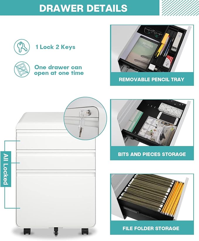 Dripex 3 Drawer White File Cabinet, Mobile Under Desk Storage File Cabinet with Lock on Wheels, Letter/Legal Size,Fully Assembled, Small Short Vertical Metal Rolling Filing Cabinets for Home Office