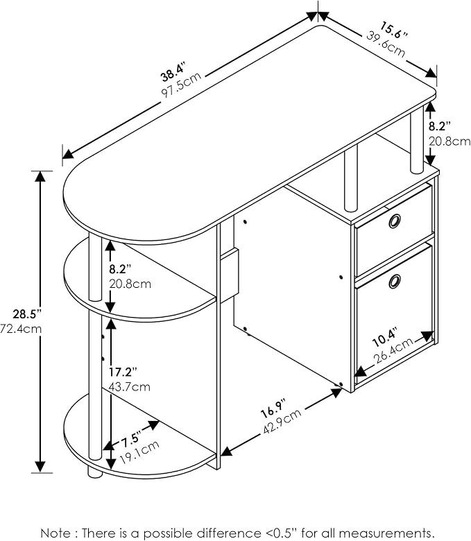 Furinno JAYA Desk, 38.4" Wide Gaming Desk with Bin Drawers, Computer Desk with Side Shelf, Office Desk for Study, Home Office, Bedroom, Dorm, Study Room, Espresso