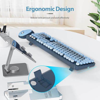 Wireless Keyboard and Mouse Set, Retro Typewriter, 2.4GHz Full Size 104-Key Cute Keyboard with Number Pad, Colorful with Round Keycaps for Windows PC Laptop(Sea Blue)