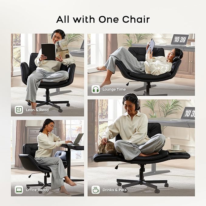 amseatec Criss Cross Office Chair, PU Leather Vanity Chair with 5-Level Adjustable Armrests & Swivel, Ergonomic Criss Cross Chair for Home Office Bedroom Makeup（Black）