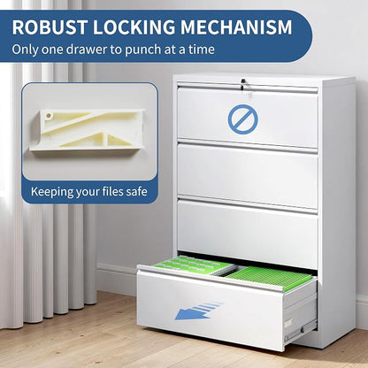 4 Drawer File Cabinet with Lock, White Metal Lateral Filing Cabinets for Home Office, Heavy Duty Steel Horizontal Locking Storage Cabinet for Legal/Letter/A4 Size File, Assembly Required