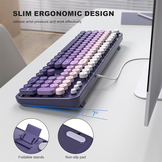 MOWUX Computer Keyboard Wired, Plug and Play USB Retro Round Typewriter Keyboard, Full Size Wired Keyboard with Foldable Stands for Laptop and Office PC- Purple Gradient