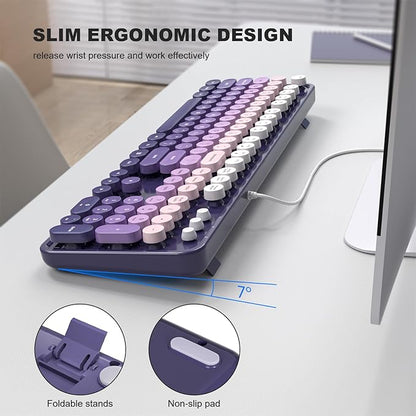 MOWUX Computer Keyboard Wired, Plug and Play USB Retro Round Typewriter Keyboard, Full Size Wired Keyboard with Foldable Stands for Laptop and Office PC- Purple Gradient