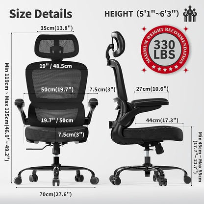 TRALT Ergonomic Office Chair - Desk Chair with Adjustable Headrest Lumbar Support Computer Chair - Mesh Comfy Chair with Flip-up Armrests - Gaming Chair for Adults Home Office PU, Black, Pack of 8