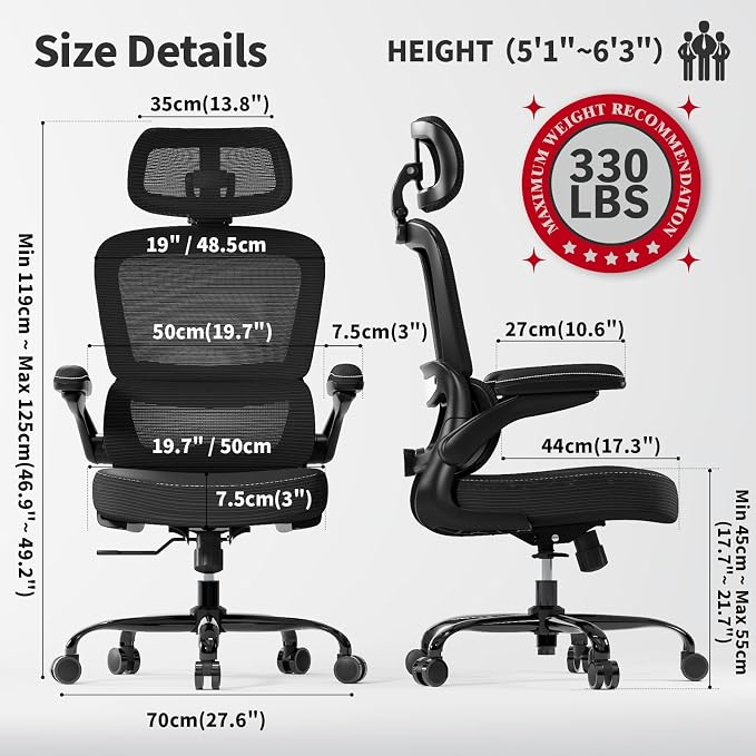 TRALT Ergonomic Office Chair - Desk Chair with Adjustable Headrest Lumbar Support Computer Chair - Mesh Comfy Chair with Flip-up Armrests - Gaming Chair for Adults Home Office PU, Black, Pack of 4