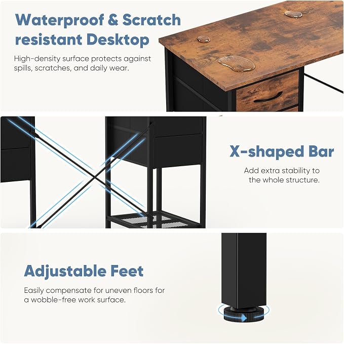 Sweetcrispy Computer Desk with Drawers 55 Inch Home Office Bedroom Table 4 Fabric Drawers 2 Mesh Storage Shelves Wood X-Shaped Writing Study PC Desk Workspace Side Hook Metal Frame Organizer Brown