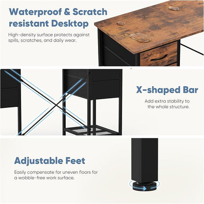 Sweetcrispy Computer Desk with Drawers 55 Inch Home Office Bedroom Table 4 Fabric Drawers 2 Mesh Storage Shelves Wood X-Shaped Writing Study PC Desk Workspace Side Hook Metal Frame Organizer Brown