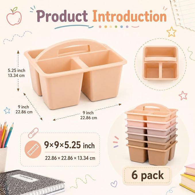 6 Pack 3 Compartment Small Caddy Plastic Classroom Organizer with Handle Portable Teacher Supply Storage Caddy Craft Art Caddies for Pencil, Crayon, Marker, Home, Office, School Supplies(Boho Pastel)