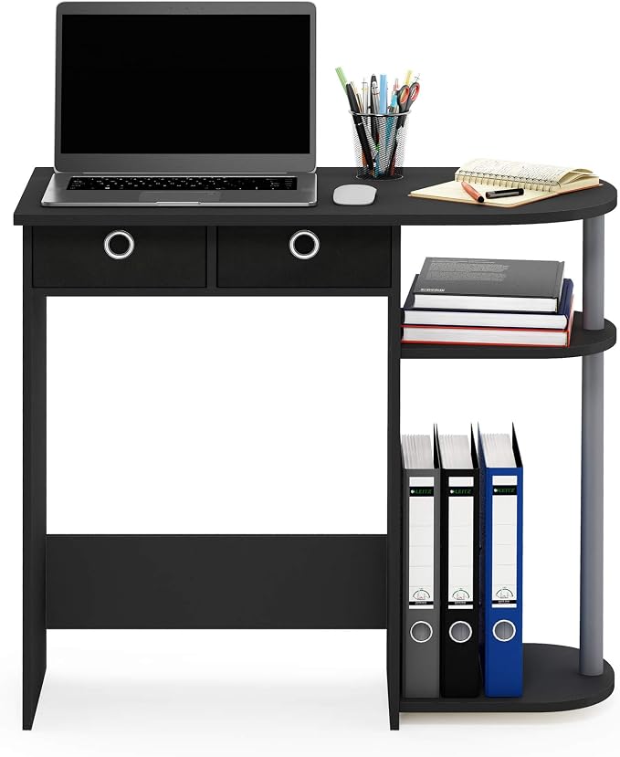 Furinno Go Green 32-Inch Black Computer Desk, Office Desk with 2 Side Shelves and Storage Bins, Rectangular Home Office Desk, Gaming Desk for Home Office, Bedroom, Study Room, Classic Black