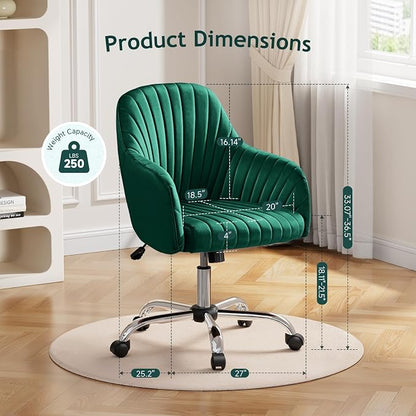Warmiehomy Desk Chair, Velvet Office Chair, Comfy Reading Chair for Home Office, Women Luxe Computer Vanity Chair for Bedroom, Emerald Green