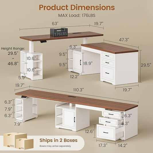 SEDETA Farmhouse L Shaped Electric Standing Desk, 63" x 67" Height Adjustable Home Office Executive Desk with Drawers, Standing Computer Desks with Power Outlet for Home Office, White+Brown