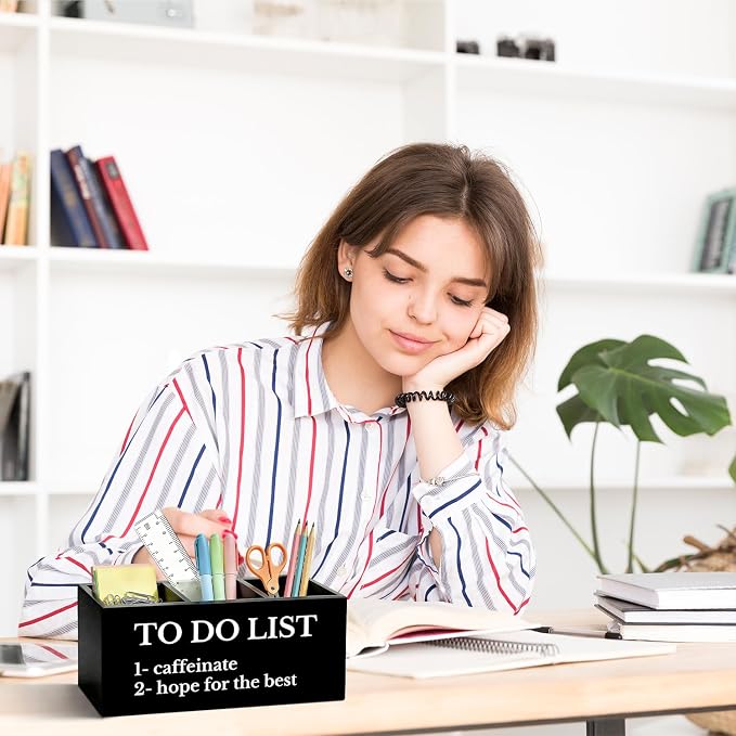 Funny Pen Pencil Holder for Desk, Funny Office Gifts for Coworkers Women Men, to Do List Wooden Box Sign Organizer for Office Workplace Desk Accessories Tabletop Decorations
