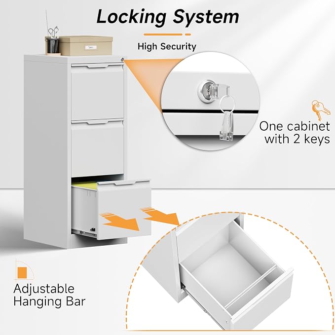 Bestoo 3 Drawer File Cabinet with Lock, Filing Cabinets, Metal Vertical Filing Cabinets for Home Office, File Storage Cabinet for Letter/Legal/A4/F4 Size File, Easy Assembly