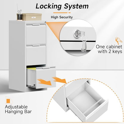 Bestoo 3 Drawer File Cabinet with Lock, Filing Cabinets, Metal Vertical Filing Cabinets for Home Office, File Storage Cabinet for Letter/Legal/A4/F4 Size File, Easy Assembly